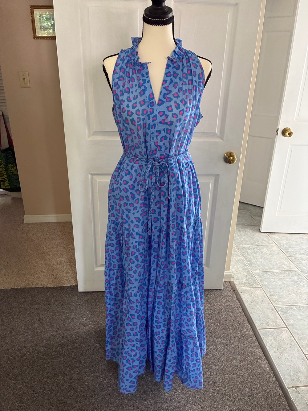 MAHI GOLD Blue Midi Dress with Pink Leopard Print